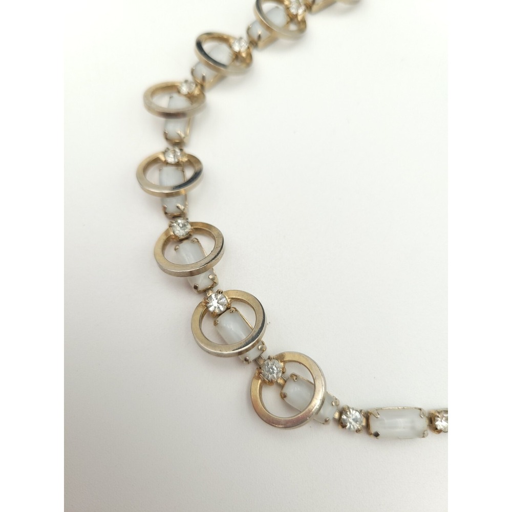 Vintage Silver Tone Necklace Rings White‎ And Clear Rhinestones Unique